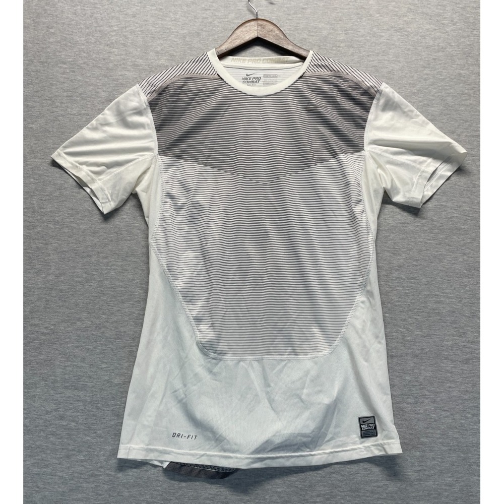 Nike Pro Combat Compression Shirt Men Large White Gray Striped Dri-Fit Quick Dry